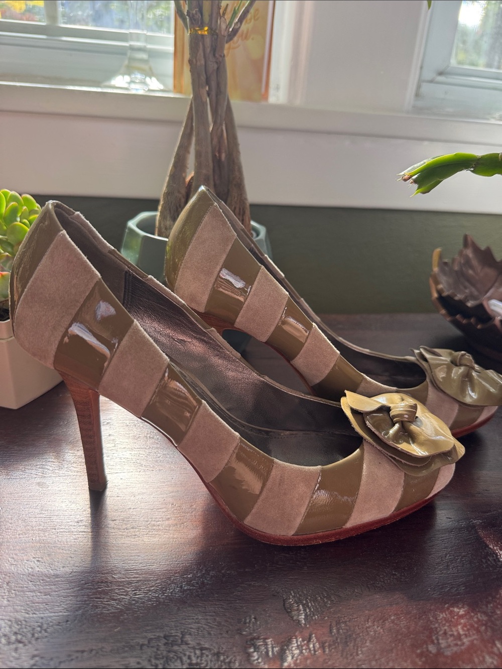 Coach Olive Patent and Taupe Suede Striped High Heels